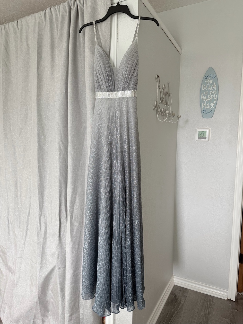 Silver Ombre Sparkle Prom Gown with Beaded Waist